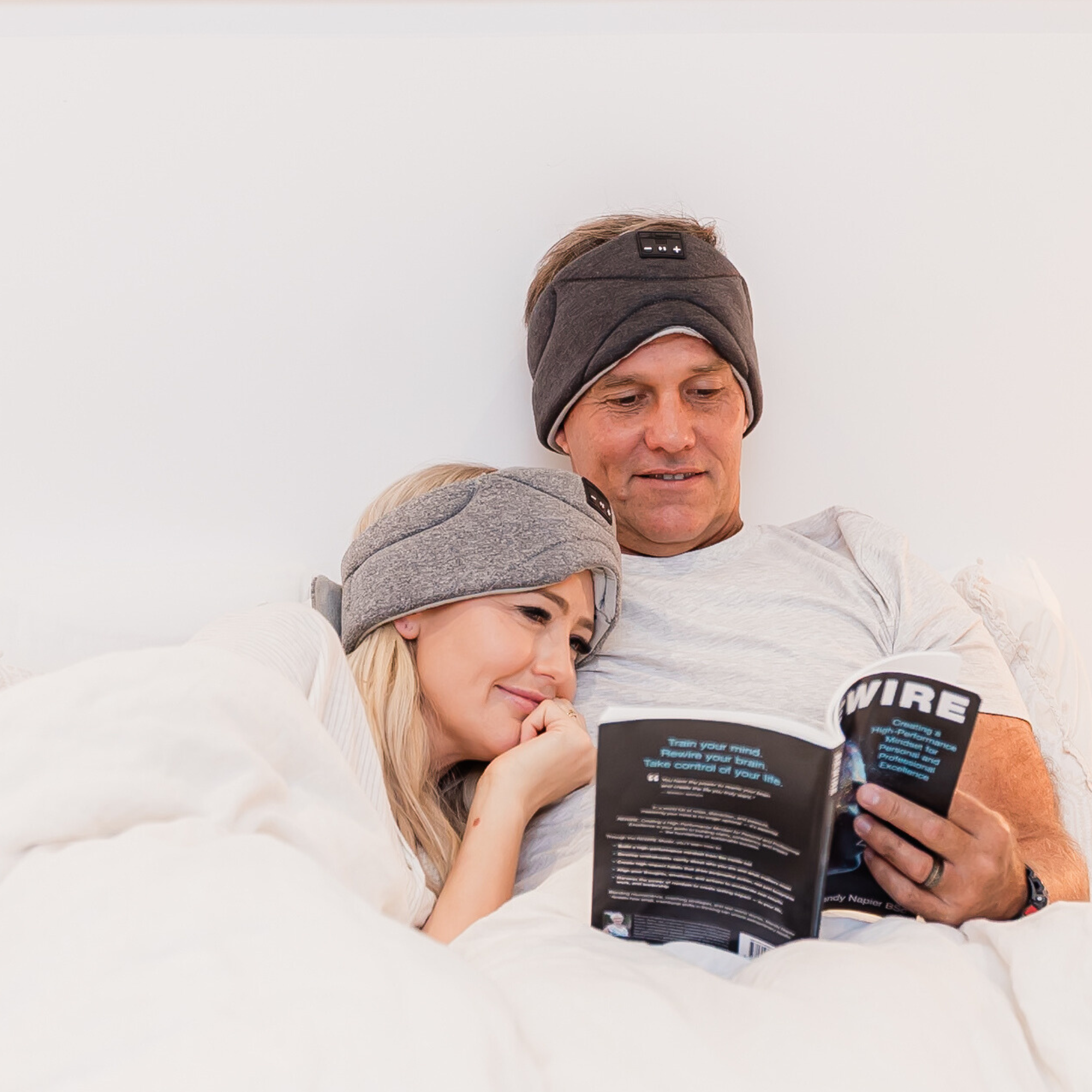 Couple relaxing with Somny sleep masks - pre-sleep wind down routine nervous system regulation Australia